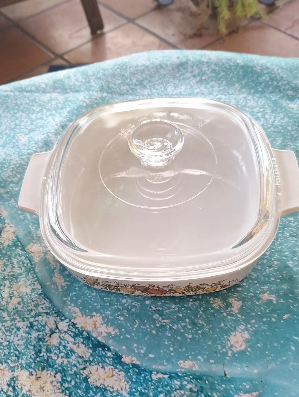 Corningware White Casserole with Harvest Vegetable Motif and Clear Lid